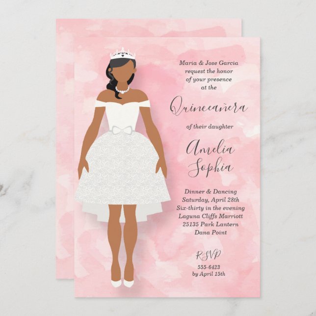 Robe blanche et invitation Tiara Pink Quinceanera (Devant / Derrière)