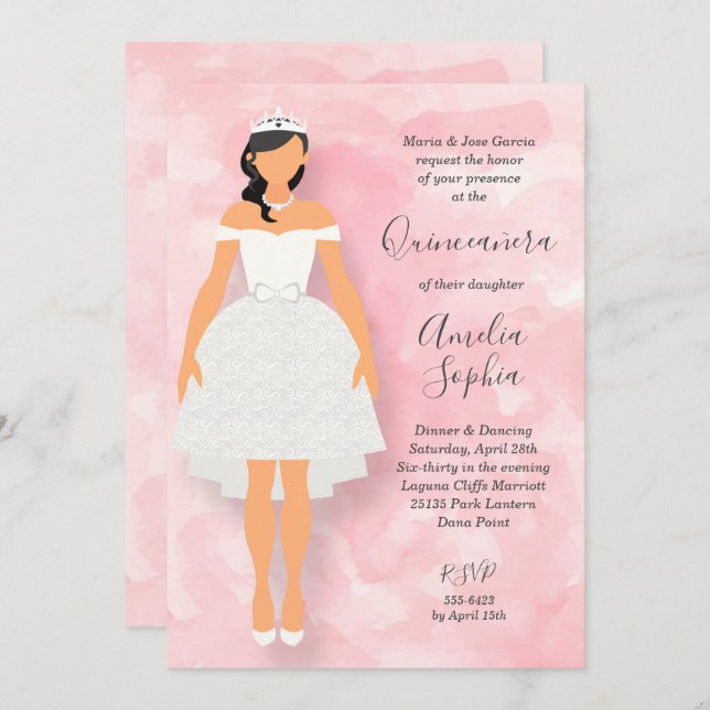 Robe blanche sur Quinceanera rose Invitations (Devant / Derrière)
