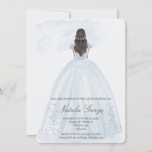 Robe bleu clair quinceañera invitation (Devant)