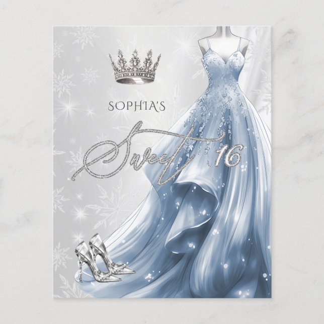 Robe Bleue Dusty Snowflakes Sweet 16 Invitation (Devant)