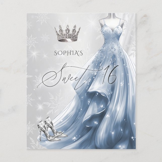 Robe Bleue Dusty Snowflakes Sweet 16 Invitation (Devant)