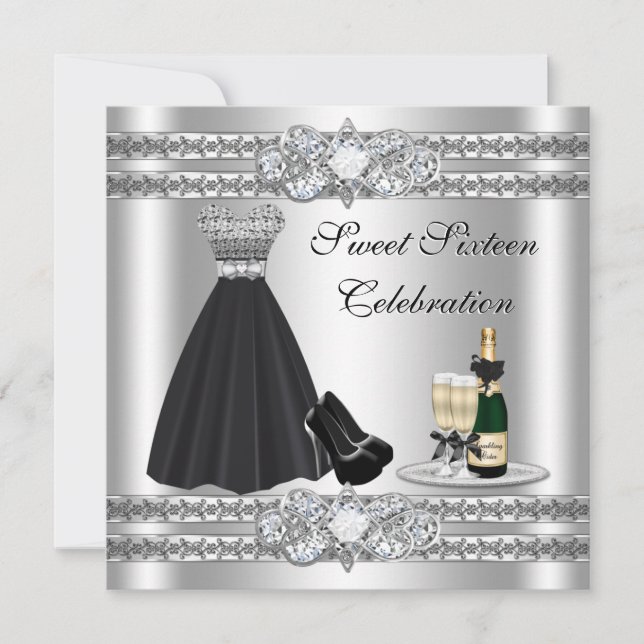 Robe d'argent pour un Sweet Sixteen Invitation (Devant)