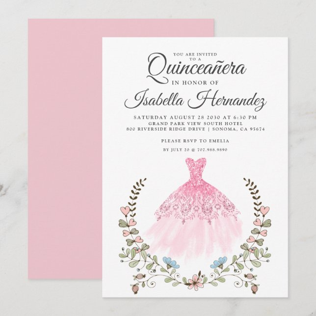Robe de Gown Quineanera Floral rose Invitation (Devant / Derrière)