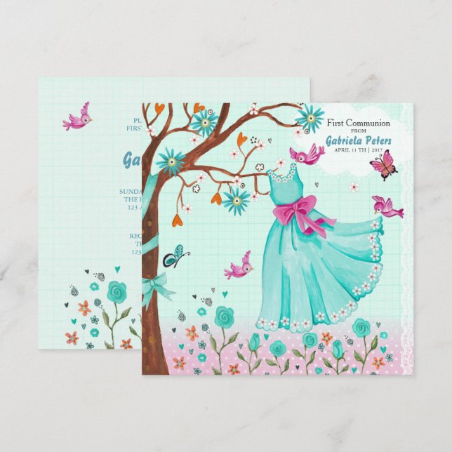 Robe de première communion | Invitations Fille (Devant / Derrière)