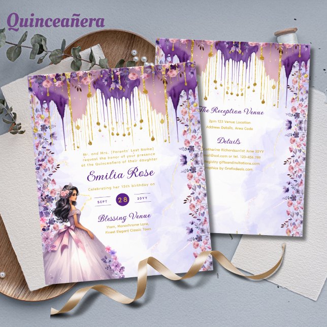Robe de Quinceanera en or violet Roses floraux (Créateur téléchargé)