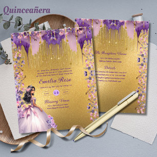 Robe de Quinceanera en or violet Roses floraux