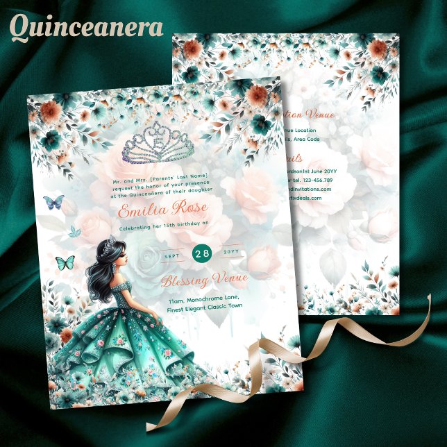 Robe de Quinceanera Vert Turquoise Papillon Floral (Créateur téléchargé)