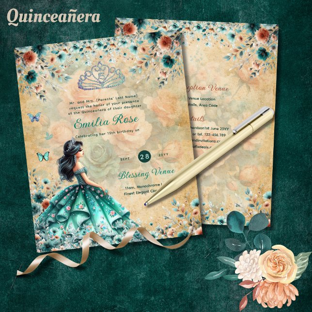 Robe de Quinceanera Vert Turquoise Papillon Floral (Créateur téléchargé)