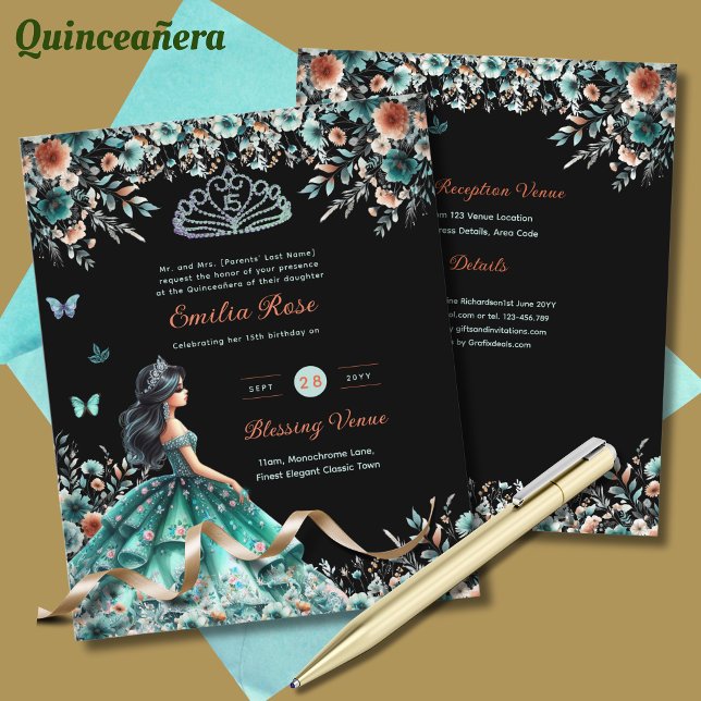 Robe de Quinceanera Vert Turquoise Papillon Floral (Créateur téléchargé)
