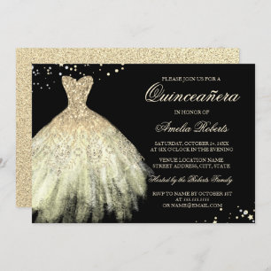 Robe d'étincelle en or noir Quinceanera Invitation