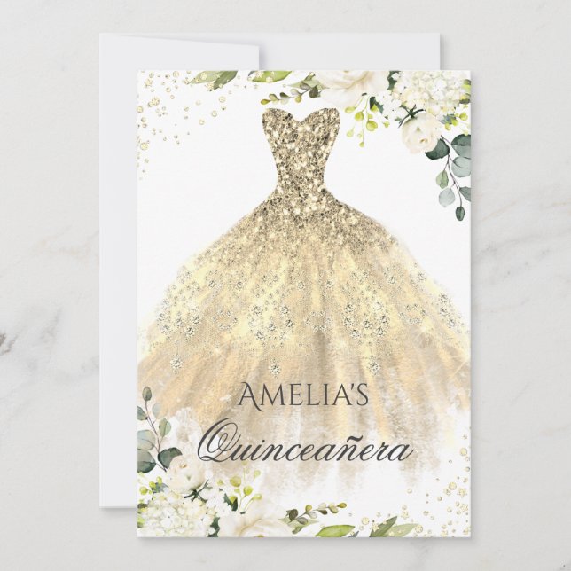 Robe d'or étincelle Floral Quinceanera Invitation (Devant)
