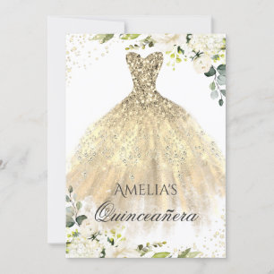 Robe d'or étincelle Floral Quinceanera Invitation