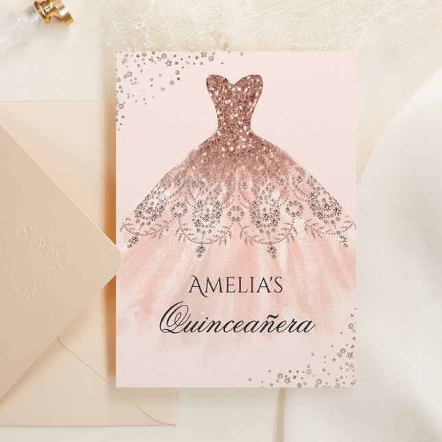 Robe d'or rose Sparkle Quinceanera Invitation (Créateur téléchargé)