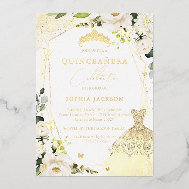 Robe Florale d'or quinceanera Foil Invitation (Recto)