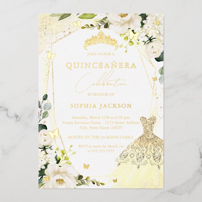 Robe Florale Dorée Invitation en Papier Aluminium  (Recto)