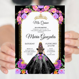 Robe noire et Rose Mis Quince Invitation