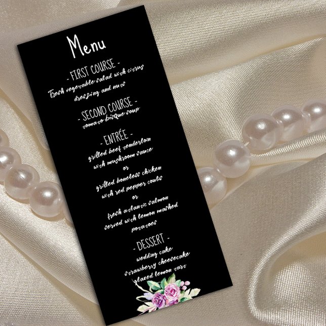 Robe noire mariage aquarelle rose menu élégant (Créateur téléchargé)