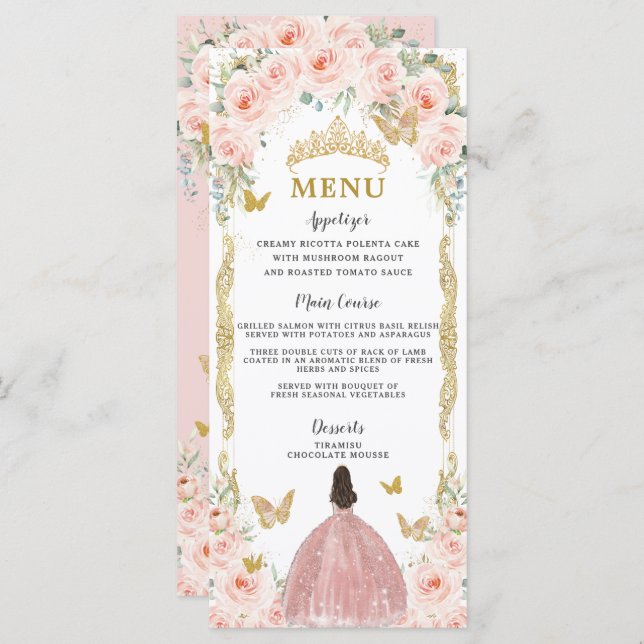 Robe or Rose rose pâle Quinceañera Menu (Devant / Derrière)