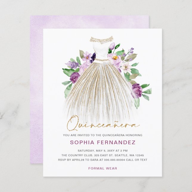 Robe or violet budget Quinceañera Invitation (Devant / Derrière)
