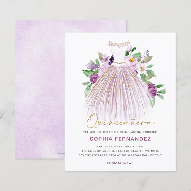 Robe or violet budget Quinceañera Invitation (Devant / Derrière)