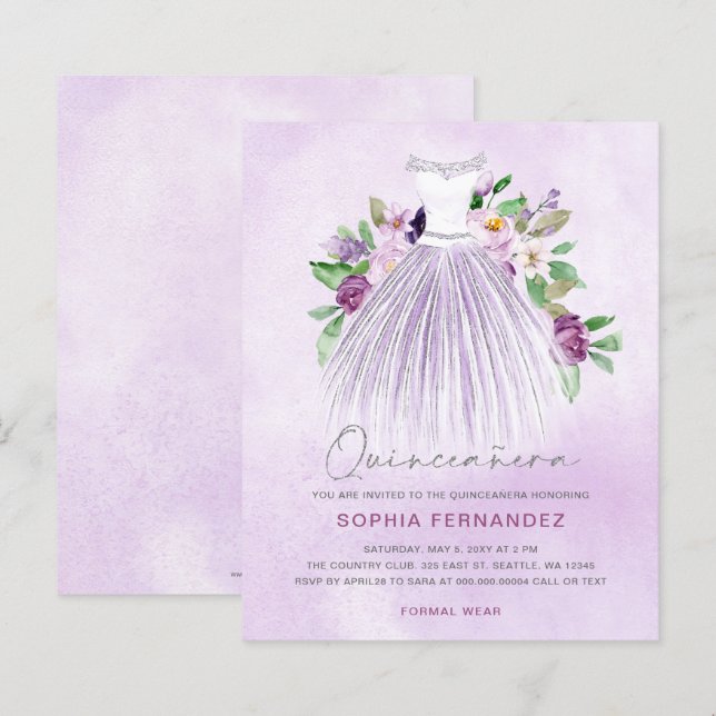 Robe or violet budget Quinceañera Invitation (Devant / Derrière)