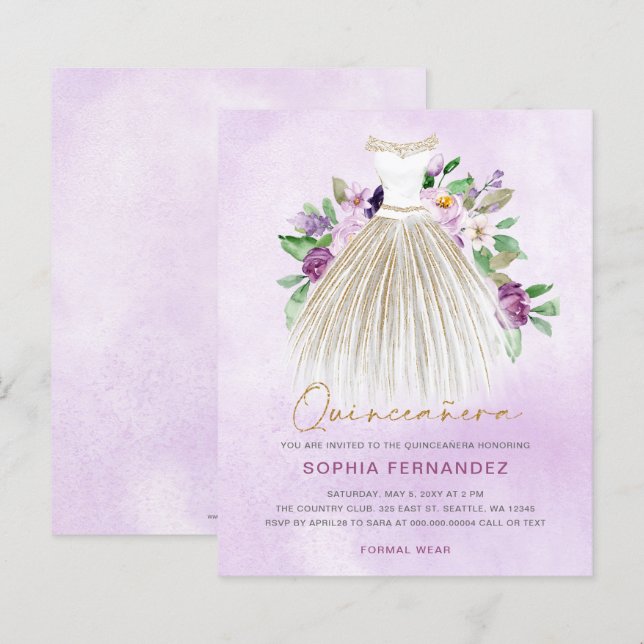 Robe or violet budget Quinceañera Invitation (Devant / Derrière)