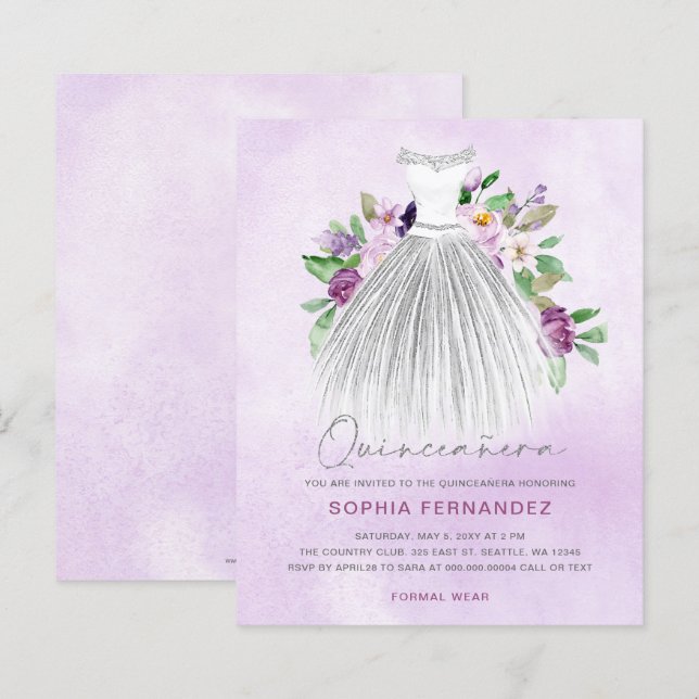 Robe or violet budget Quinceañera Invitation (Devant / Derrière)
