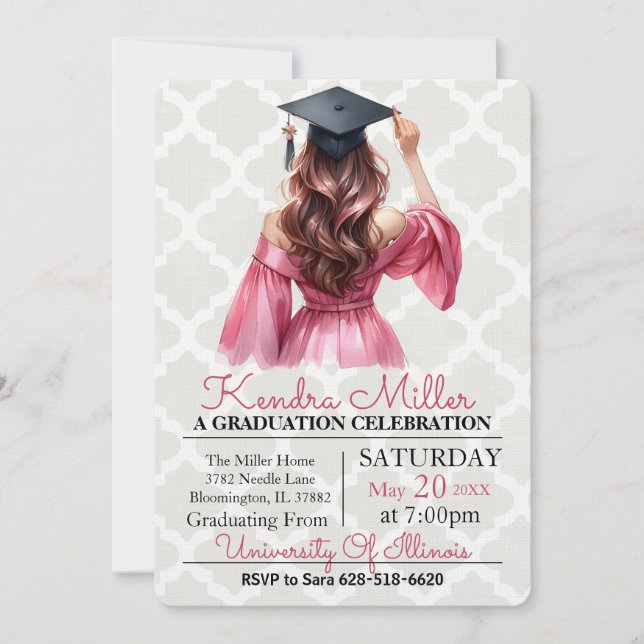 Robe rose Aquarelle Graduation Invitation (Devant)