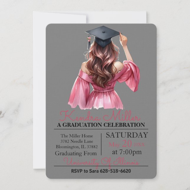 Robe rose Aquarelle Graduation Invitation (Devant)