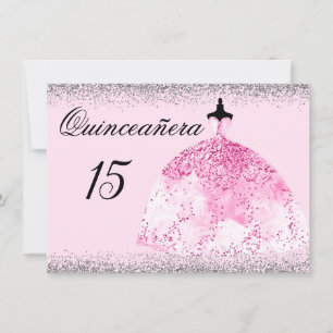 Robe rose Argent Confetti Quinceanera invitation