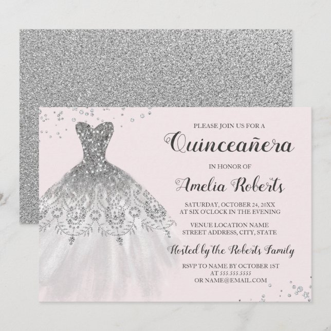 Robe Rose Argentée à Paillettes Invitation Quincea (Devant / Derrière)