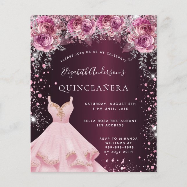 Robe rose bordeaux Quinceanera invitation (Devant)