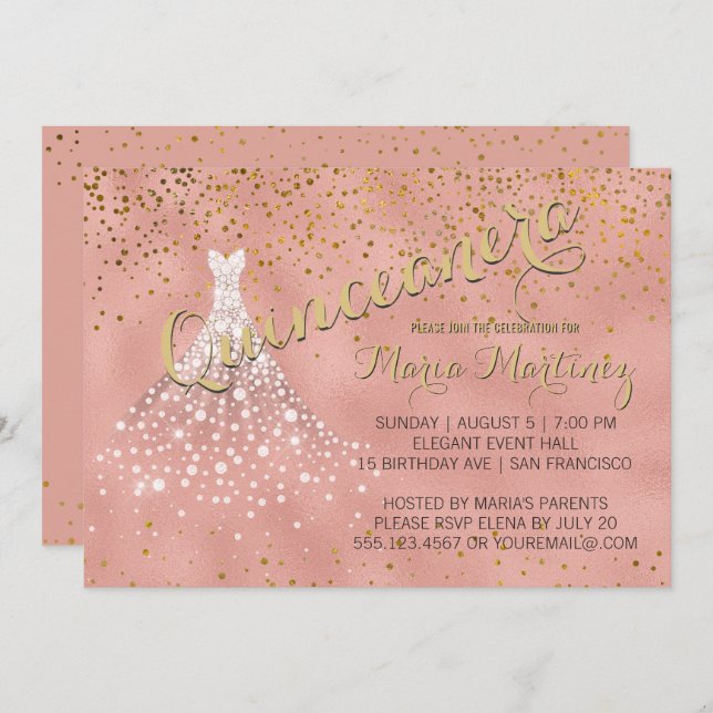 Robe rose Diamant Or Quinceanera Invitation (Devant / Derrière)