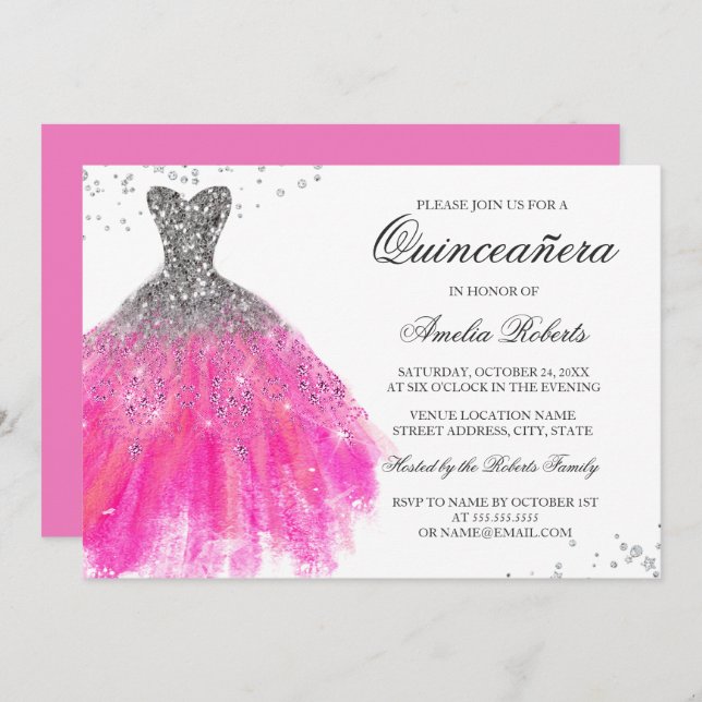 Robe rose étincelle Quinceanera Invitation (Devant / Derrière)