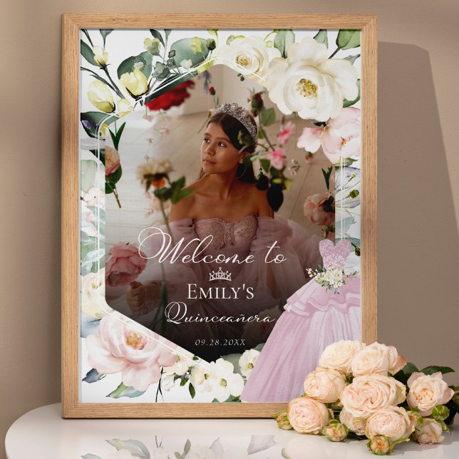 Robe rose Floral Photo Quinceañe Affiche de bienve (Créateur téléchargé)