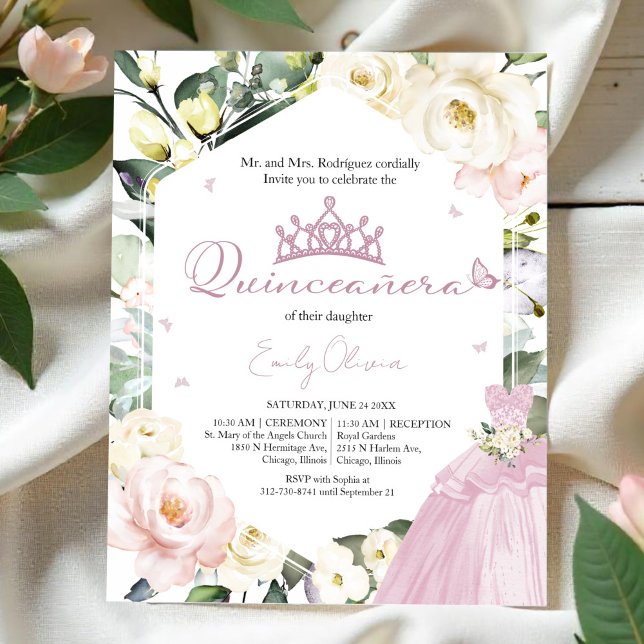 Robe rose Floral Photo Quinceañera Invitation (Créateur téléchargé)
