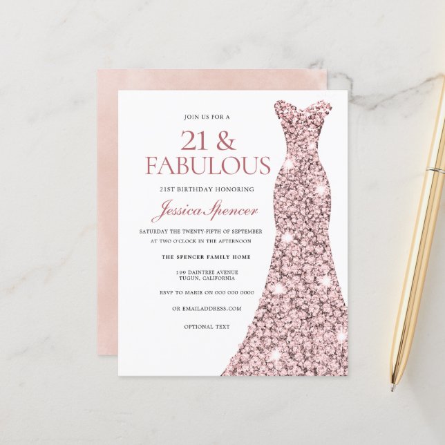 Robe rose Gold Blush 21e Anniversaire Invitation b (Devant/Arrière en situation)