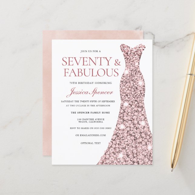 Robe rose Gold Blush 70e anniversaire Invitation b (Devant/Arrière en situation)