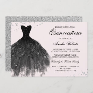 Robe rose noire étincelante Quinceanera Invitation