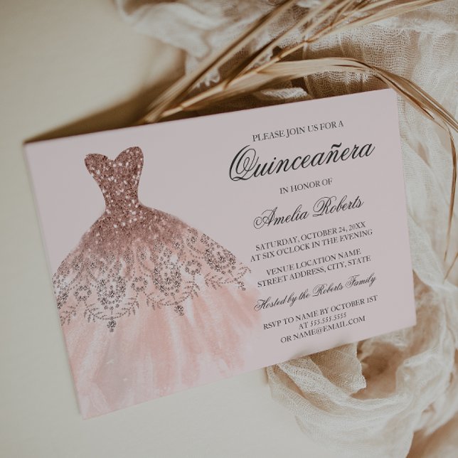 Robe rose or étincelante Quinceanera Invitation (Créateur téléchargé)