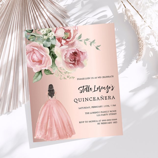 Robe rose or rose floral Quinceanera invitation (Créateur téléchargé)