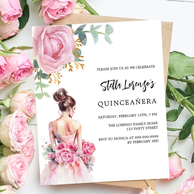 Robe rose rose Quinceanera invitation budgétaire (Créateur téléchargé)