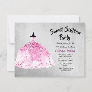 Robe rose Silver Sweet 16 Party Invitation