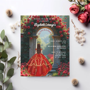 Robe rouge arche rose Quinceanera invitation