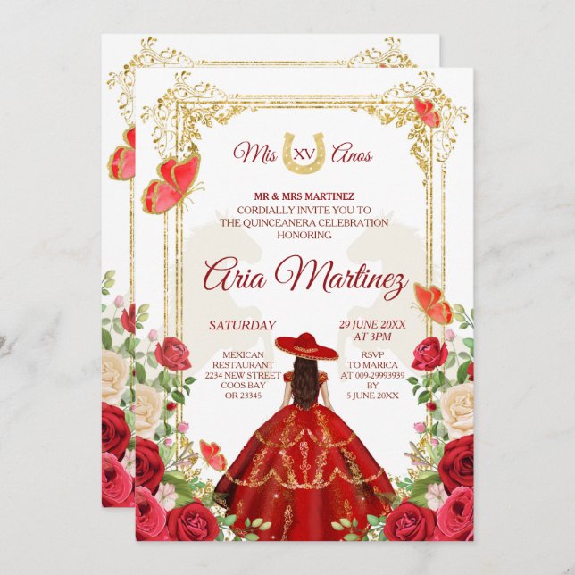 Robe Rouge Mexicaine fille Quinceanera Invitation (Devant / Derrière)