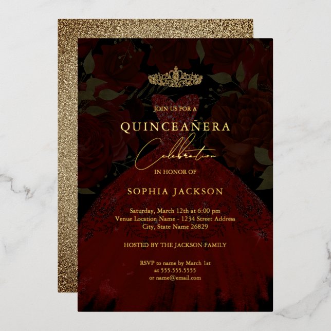 Robe Rouge or Tiara Quinceanera Foil Invitation (Recto/Verso)