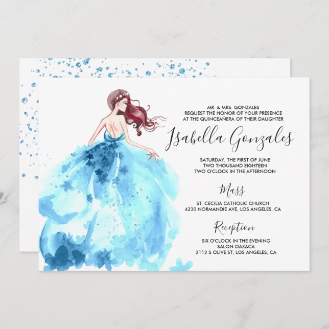 Robe Royal Blue Sparkle Quinceañera Invitation (Devant / Derrière)