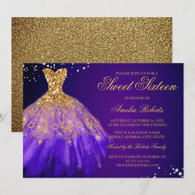 Robe Sweet sixteen violet or étincelant Invitation (Devant / Derrière)