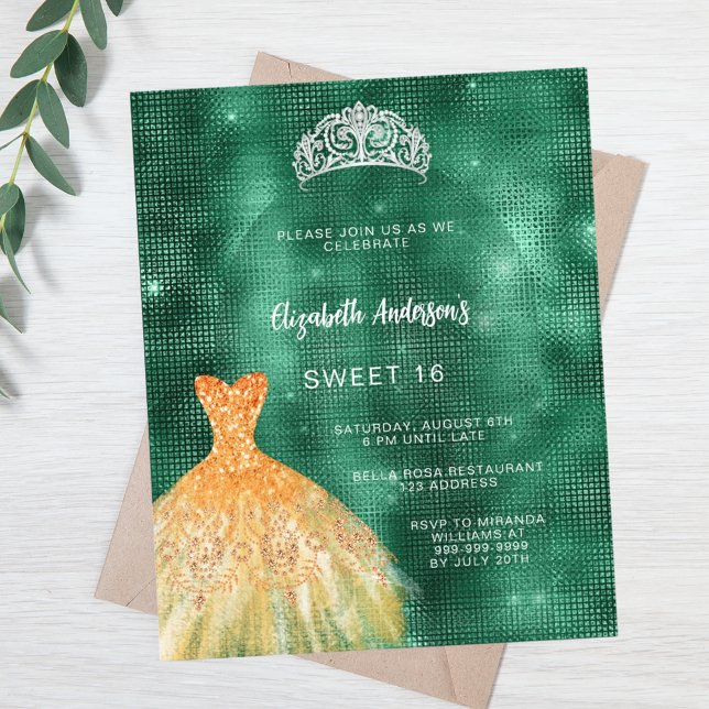 Robe vert émeraude or tiara Sweet 16 invitation (Créateur téléchargé)