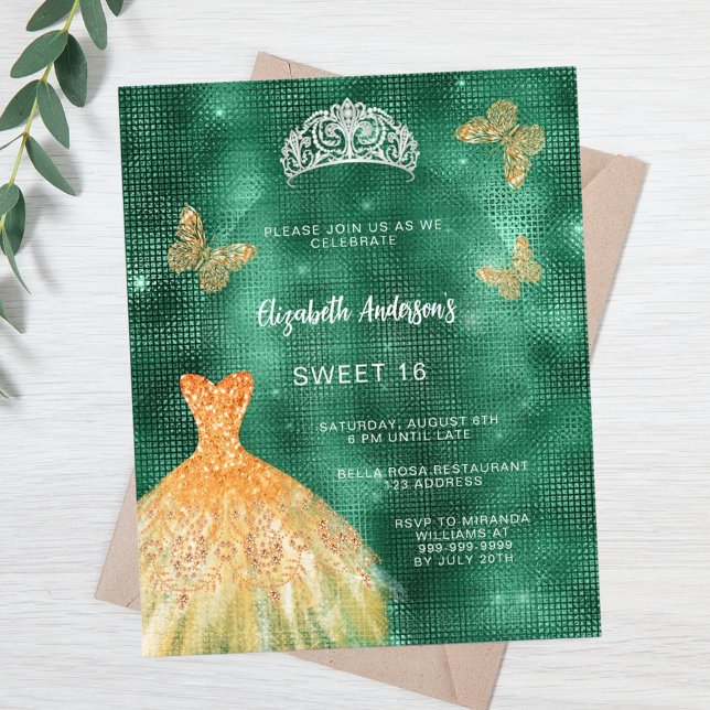 Robe vert émeraude or tiara Sweet 16 invitation (Créateur téléchargé)